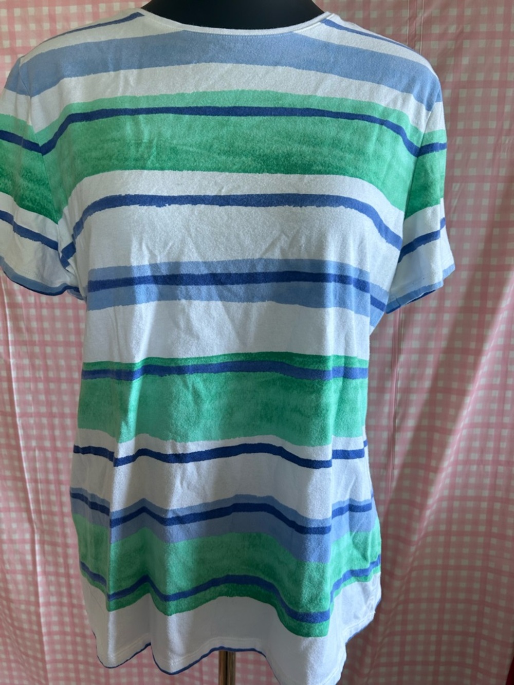 Talbots White Tee with Blue and Green Stripe Pattern